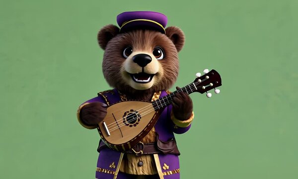 Green screen video with a miniature bear wearing a bard costume and strumming a lute while singing medieval song