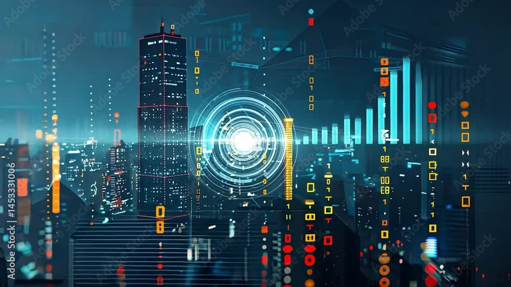 Poster futuristic cityscape with neon skyscrapers and vibrant digital data visualizations, showcasing abstr