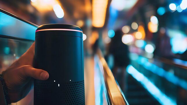 Person is holding a small device that looks like a speaker
