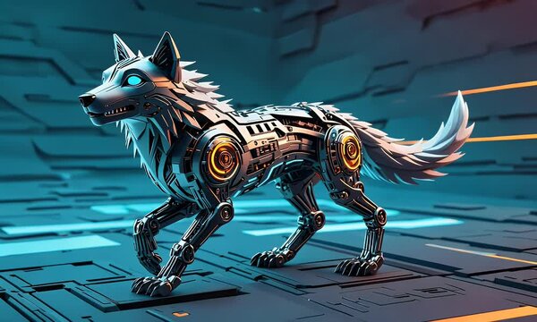Ultra-HD video featuring a small mechanical wolf with robotic limbs dashing across a neon virtual environment with high energy