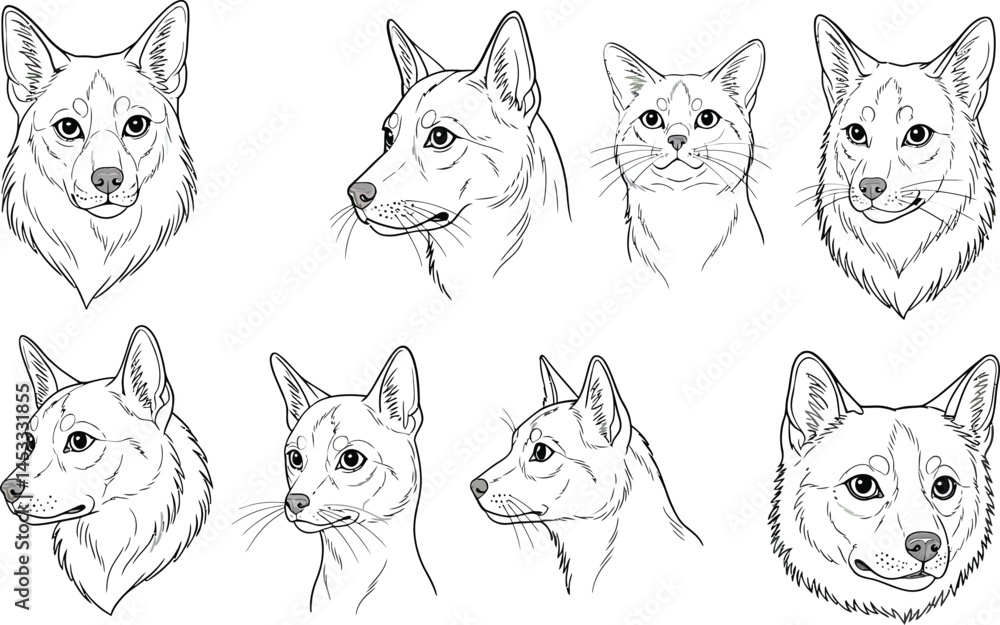 Poster various wolf head sketches in black outline style showing different angles and expressions with deta