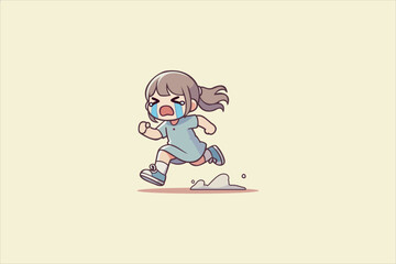 Crying cartoon girl running in fear. Cute flat vector illustration of a scared child in motion.
