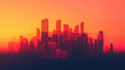 Fototapeta premium Urban Skyline Silhouette at Sunset with Abstract Color Gradients