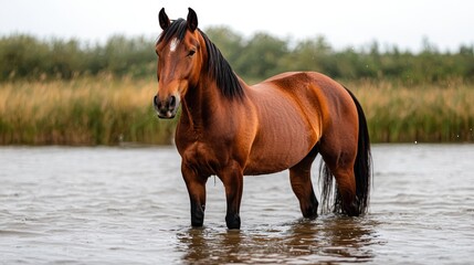 Majestic horse standing in calm water with lush green background