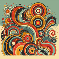 Retro psychedelic abstract illustration with vibrant swirls, circles, and colorful curves in warm vintage tones. Ideal for backgrounds, posters, and groovy 70s-style designs.