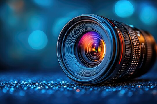 Camera Lens with Blue Bokeh Background. - Powered by Adobe