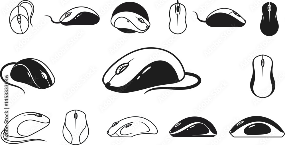 Aufkleber computer mouse icons set in black and white vector illustration with various shapes and designs for 