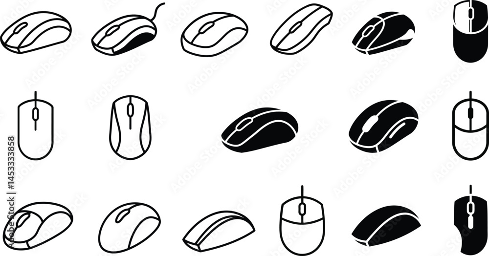 Aufkleber computer mouse icons set in black and white simple outline style for technology and digital device i