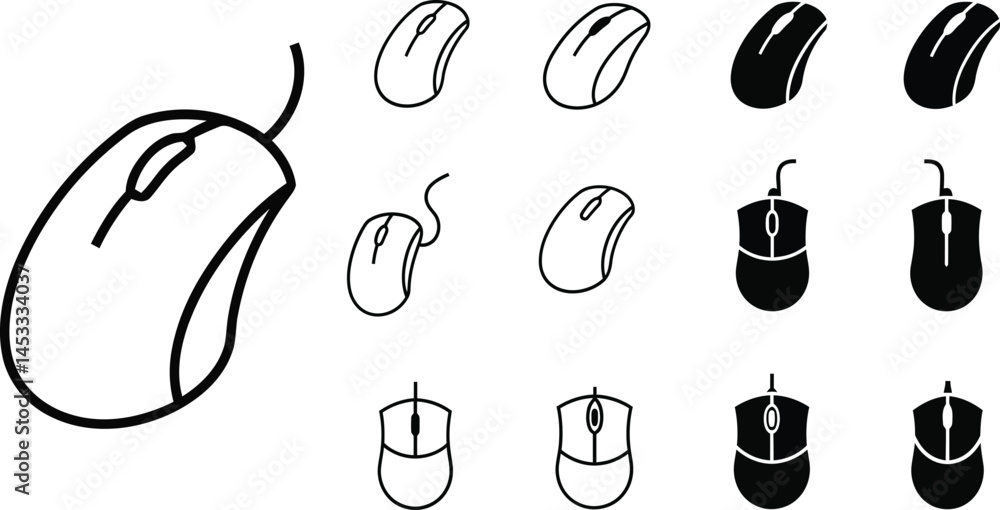 Aufkleber computer mouse icon set black and white simple line art style vector illustration for digital device