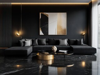 Modern luxury living room black and gold interior design