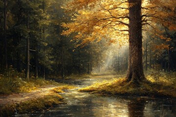 Obraz premium Majestic redwood in sun-drenched clearing, ideal for nature retreats, environmental campaigns, or peaceful landscapes. Impressionistic style with dappled shadows. 公園 木