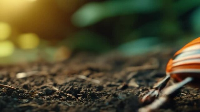 Ladybug on the Move: A vibrant ladybug traverses the textured terrain of the forest floor, its tiny form set against a backdrop of verdant foliage.