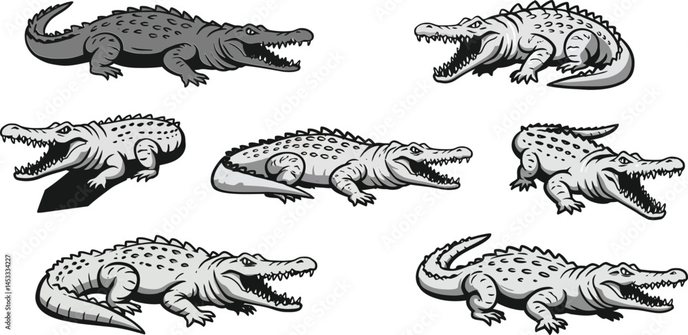 Poster crocodile vector illustration showing multiple poses and angles of crocodile in grayscale design