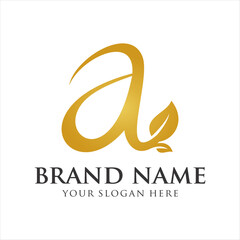 The logo design combines the letter a and a leaf, using gold color.