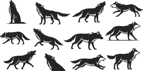 Obraz premium Wolf silhouette set with multiple poses and howling black vector illustrations for wildlife design and nature themes 