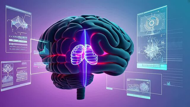 Futuristic Brain Interface Visualizing Data and Neural Connections in 3D Simulation