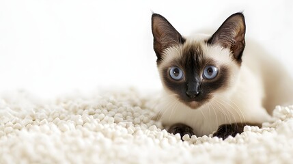 Adorable Siamese Cat with Blue Eyes on Soft White Surface