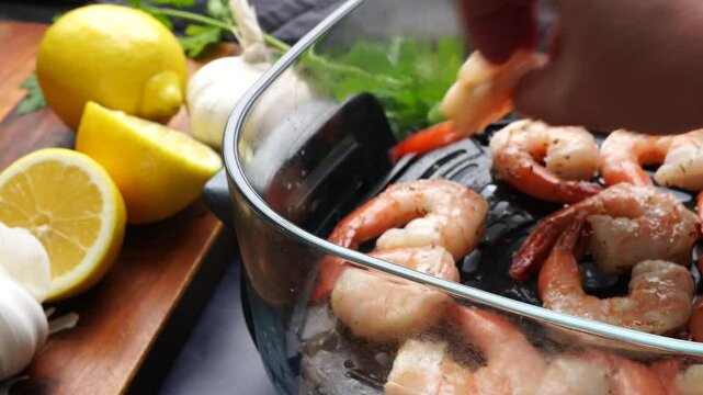 Cooking garlic lemon shrimp for dinner. marinating in fresh seasoning and a squeeze of  lemon for a delicious dinner.  a quick and easy seafood dish using shrimp.  making a marinade for seafood.