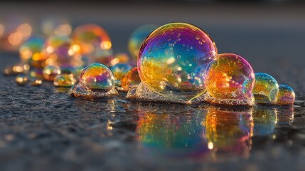 Sparkling rainbow bubbles float in the air, emitting vibrant colors. This is a stunning display of natural light and the beauty of the universe, creating a dreamy and magical atmosphere.