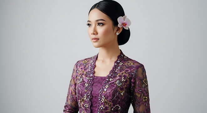 closeup portrait of a woman  wearing kebaya traditional costume with bun hair be proud and beautifully