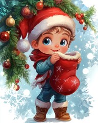 Joyful Toddler with Christmas Stocking near Decorated Tree