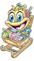 Obraz premium Joyful Yellow Cartoon Creature with Gift Filled Sleigh