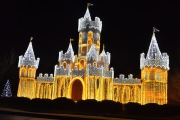 Obraz premium A nighttime scene featuring a castle-like structure outlined with bright white and yellow lights