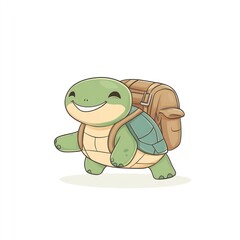 Fototapeta premium Happy Cute Cartoon Turtle with Backpack Walking Cheerfully on a White Background