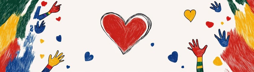 Colorful hands surrounding a heart symbolize love and unity in diversity.