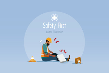 Accident at construction site. Heavy brick accidentally falling on worker leg. Safety first, accident awareness and unsafe workplace in construction industry concept.