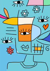 Colorful abstract cubism-style portrait illustration featuring multiple eyes, expressive shapes, and bold lines.