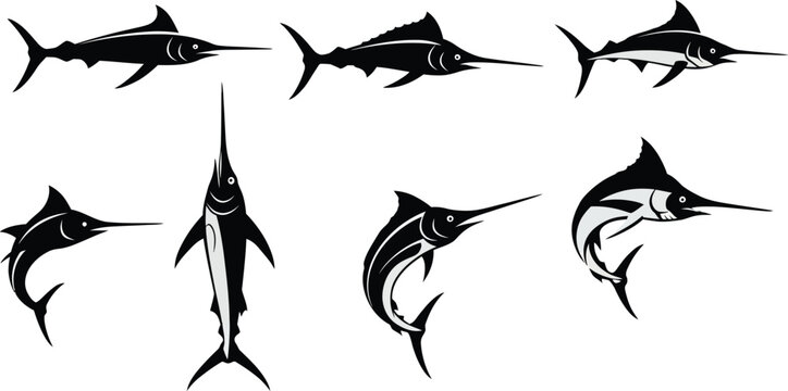Marlin fish black silhouette vector illustration with three swimming swordfish dynamic composition 