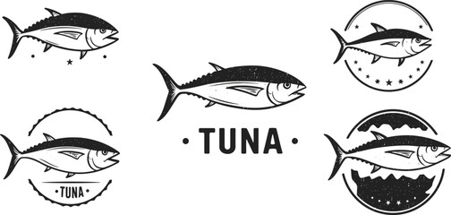 Tuna fish vector set with circular and hexagonal frames in black line art style for seafood and fishing designs 