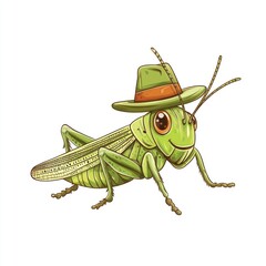 Fototapeta premium Cartoon Grasshopper Character Wearing a Fun Hat with a Cheerful Expression on a White Background