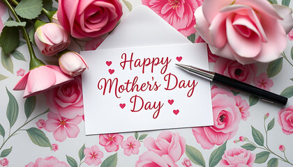 Mother's Day greeting card displayed with vibrant roses and a stylish pen. A beautiful floral arrangement adds cheerful warmth to the message celebration.