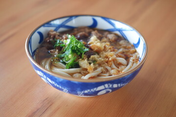 a bowl of Japanese-style noodle soup, likely udon, served in a beautifully patterned blue and white bowl