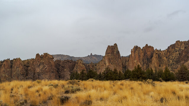 The majestic scenery of Smith Rock State Park near Redmond, Oregon highlights the area's volcanic past.