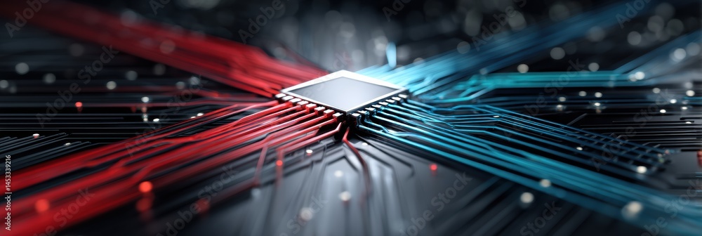 Fototapete ai chip at center is engulfed by red and blue cables in a struggle for control and power in a digita