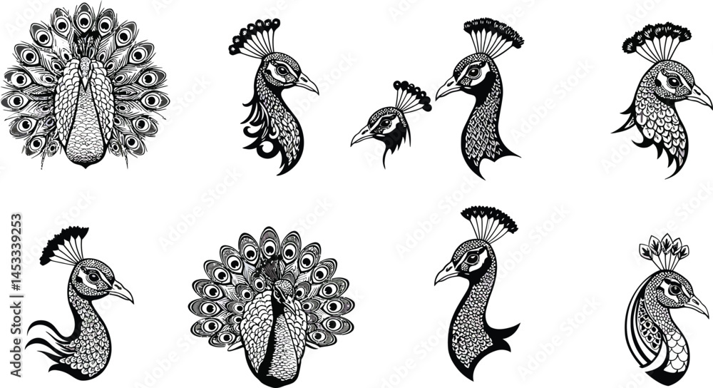 Aufkleber peacock head illustrations in black and white with feather crest vector set for design projects and 