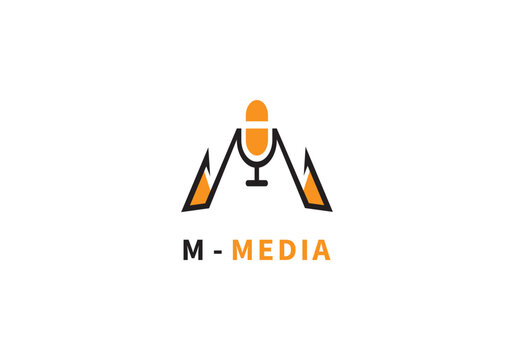 m media logo with microphone and letter m in orange and black