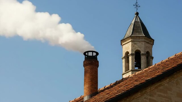 White smoke rises from the chapel chimney, indicating the successful election of a new pope during the papal conclave, incense sticks in a temple, smoke from chimney, old church steeple, 4k