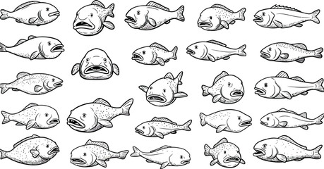 Blobfish cartoon vector set in black and white style with underwater bubbles and diverse facial expressions 
