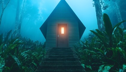A small dark house sits on a stairwell nestled amongst lush dark green foliage  A soft light emanates from the doorw
