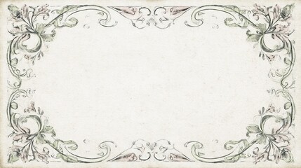 Vintage decorative page with ornate border and empty center on white background, featuring soft muted tones and intricate detailing, ideal for writing, invitations, or antique designs