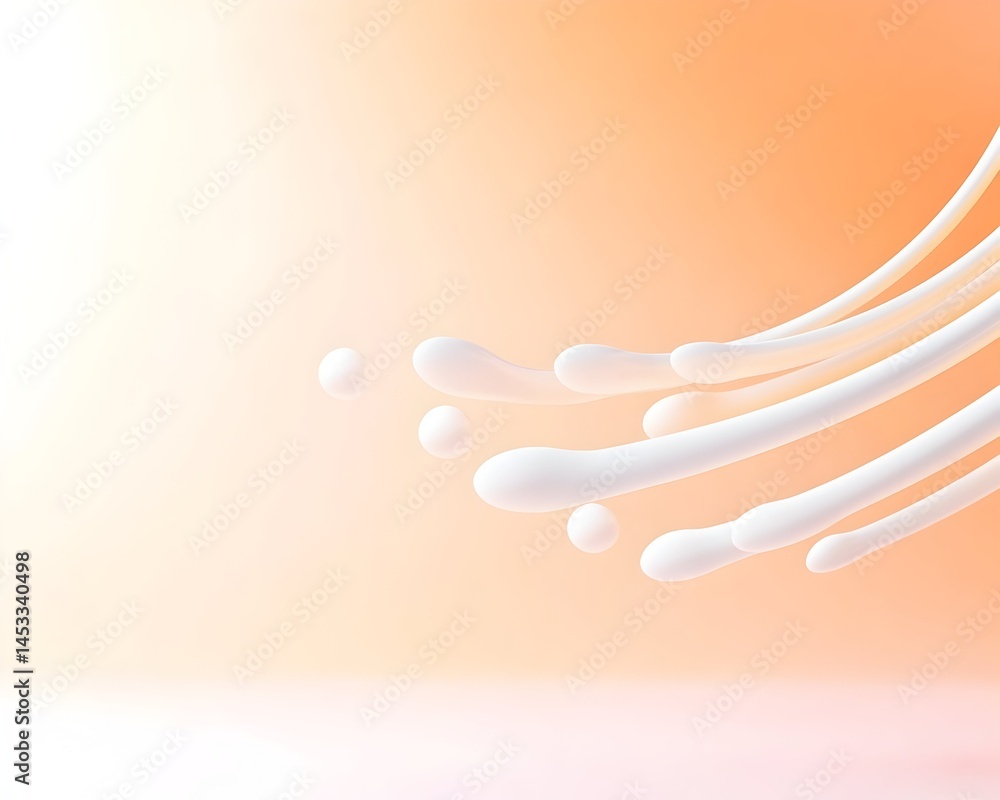 Poster abstract art of flowing white liquid against a peach backdrop smooth curves and droplets create a dy
