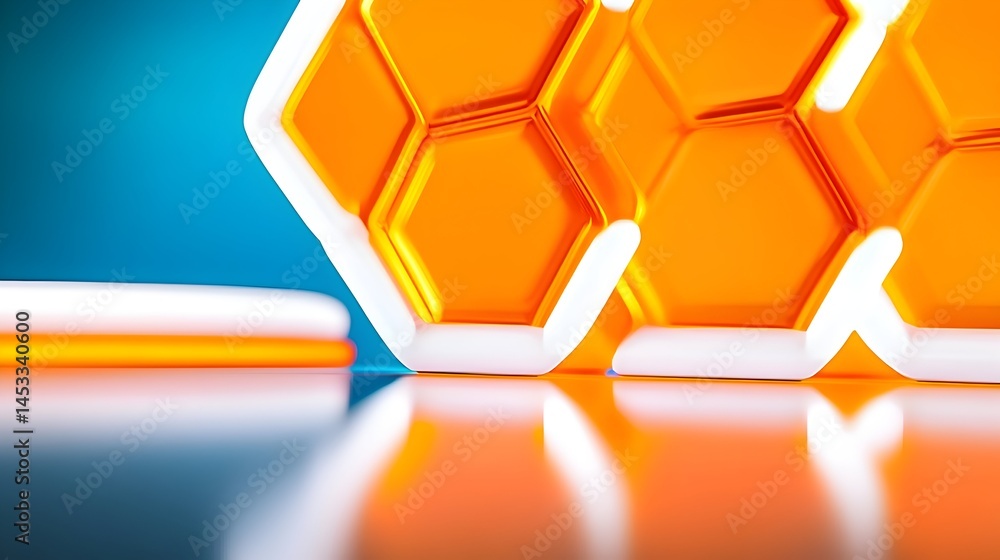 Poster abstract honeycomb structure with orange and white elements reflecting surface below