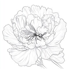Fototapeta premium Intricate Line Art of Flower with Bee Delicate Nature Scene in Black and White for Elegant Design Projects