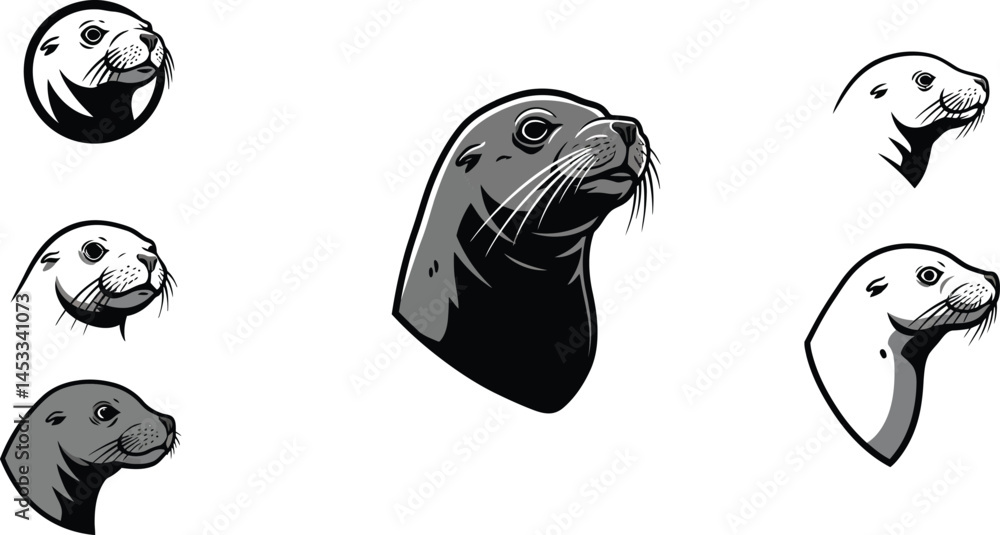 Poster seal head illustrations in monochrome style with various expressions and poses for creative design p