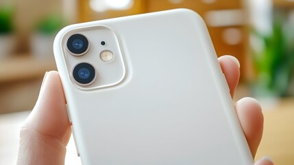 Close-up of a white smartphones dual-lens camera held in a persons hand  The background is blurred showing an indoo