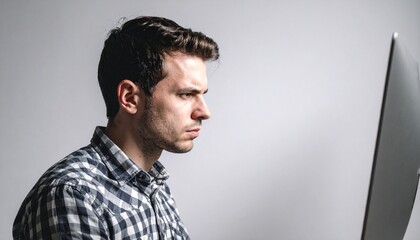 Obraz premium シンプルなスタジオ風背景で、白人男性が目を細めてPCに集中する横顔を捉えた真剣な瞬間
